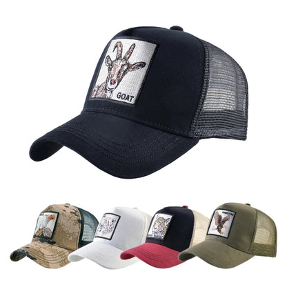Modische Trucker-Caps mit besticktem Ziegen-Patch, Vier-Jahreszeiten-Snapback-Baseballcap für Herren und Damen, verstellbare Schirmmütze