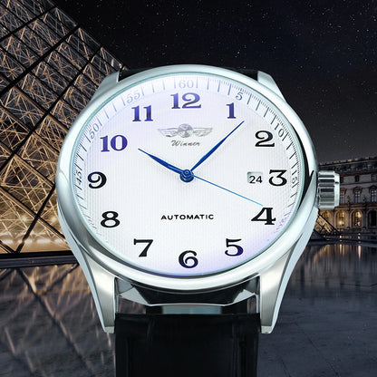 Relógio clássico para homem – Estilo retro com calendário e ponteiros azuis, movimento mecânico automático, marca de prestígio, caixa em aço e bracelete em pele