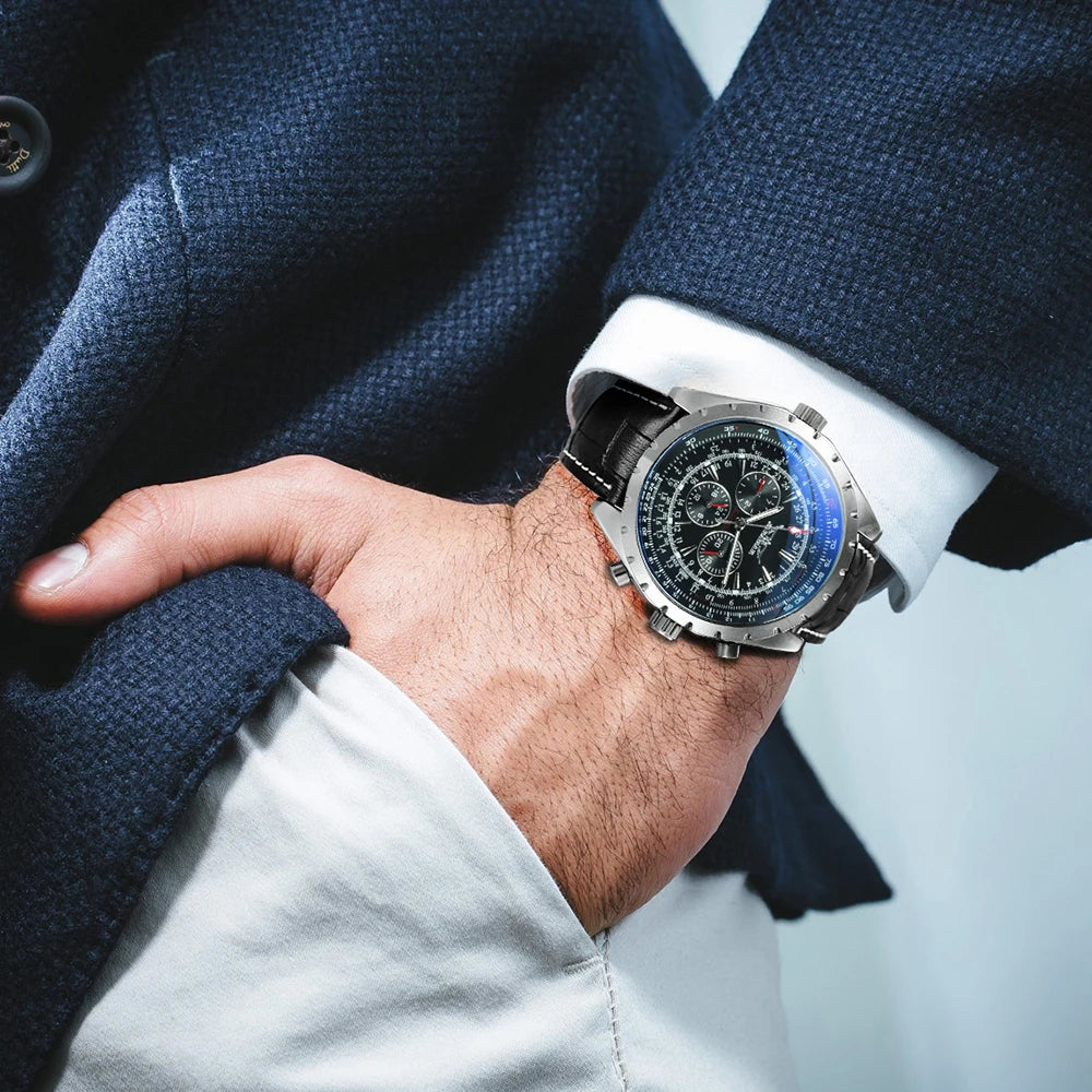 Jaragar Automatic Watch for Men Military Multifunction 3 Sub-Dials Sports Mechanical Watches Top Brand Luxury Leather Steel Band