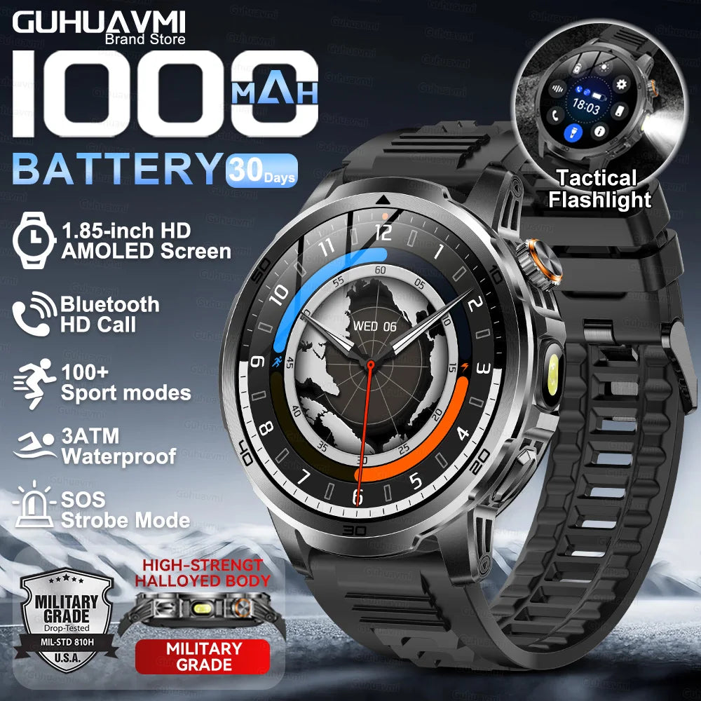 2026 New Military Outdoor Smart Watch 1.85‘’ AMOLED 1000mAh Large Battery 5ATM Waterproof Voice Call Sports Men Fitness Bracel