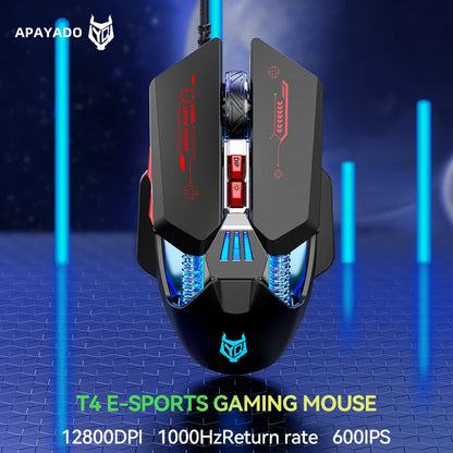 1K Hz Gaming Mouse Wired APAYADO T4 RGB Mouse with Ultra-light Cord 60IPS,12800DPI for Laptop/Computer