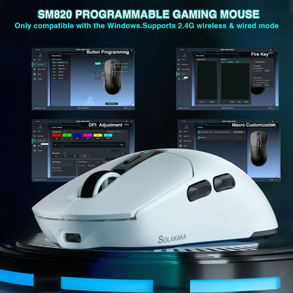 Mouse wireless tri-mode SOLAKAKA SM820 con dock di ricarica magnetico, RGB, PAW3311, 24000DPI, macro gaming, ultraleggero