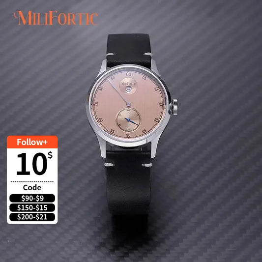 Milifortic Jumping Hour Auto R077 Vintage Small Seconds ST17 Movement Jump Hour Salmon Dial Men Watches