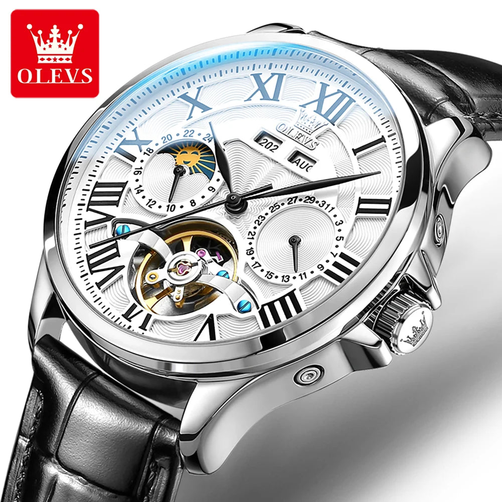 OLEVS 7013 Men's Watch Fashion Moon Phase Mechanical Watch For Men Waterproof Roman Scale Hollow Flywheel Automatic Hand Clock