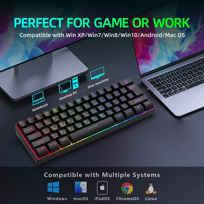 Tastiera da gaming, tastiera ultra-compatta a 61 tasti con retroilluminazione RGB russo/inglese, tastiera da ufficio impermeabile con sensazione meccanica per il gaming