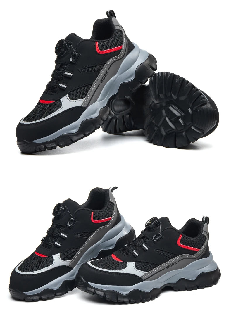 Chaussures de travail pour hommes, bottes de sécurité à bout en acier, chaussures Anti-écrasement, baskets légères et respirantes noires à bouton rotatif