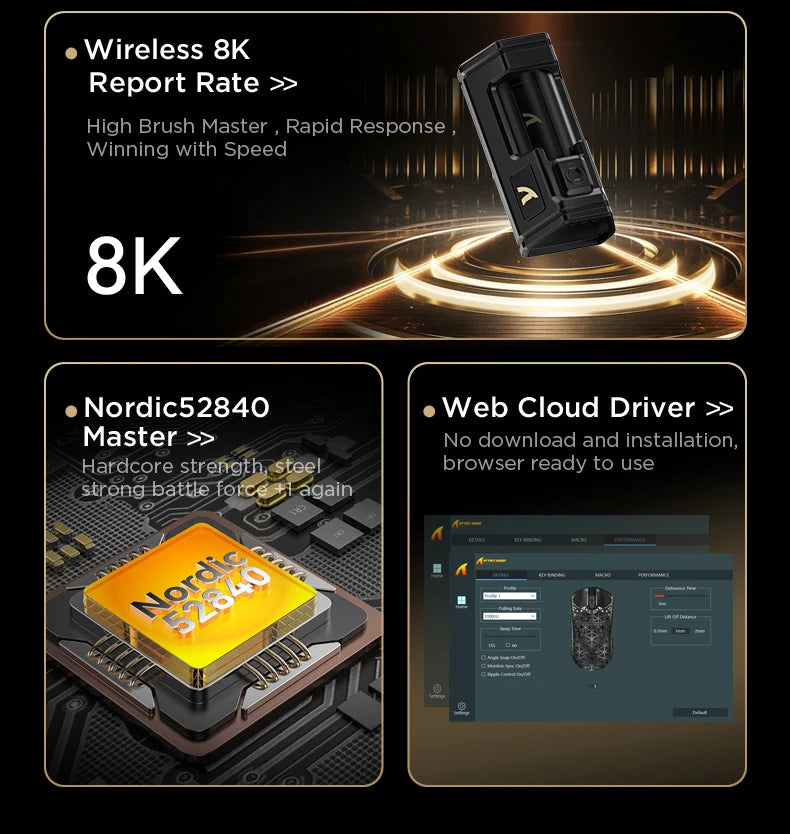 Bezdrátová herní myš ATTACK SHARK R5 Ultra Carbon Fiber, herní senzor PixArt PAW3950MAX, 42000DPI, 8000Hz, MCU Nordic 52840
