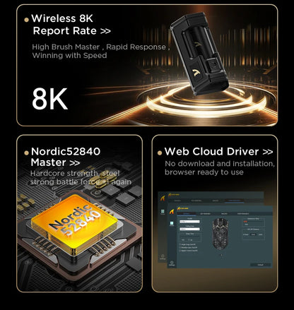 Bezdrátová herní myš ATTACK SHARK R5 Ultra Carbon Fiber, herní senzor PixArt PAW3950MAX, 42000DPI, 8000Hz, MCU Nordic 52840