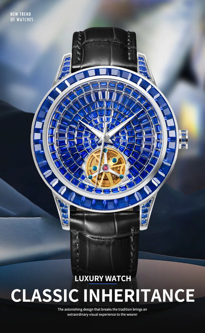 PINDU Design Mechanical Watch Men Fashion Luxury Diamond Watch For Men Waterproof Stainless Steel Leather Men Wristwatches