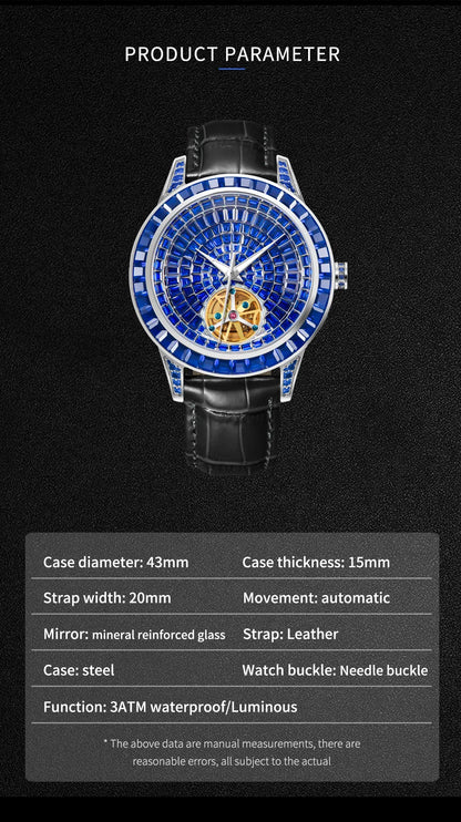 PINDU Design Mechanical Watch Men Fashion Luxury Diamond Watch For Men Waterproof Stainless Steel Leather Men Wristwatches