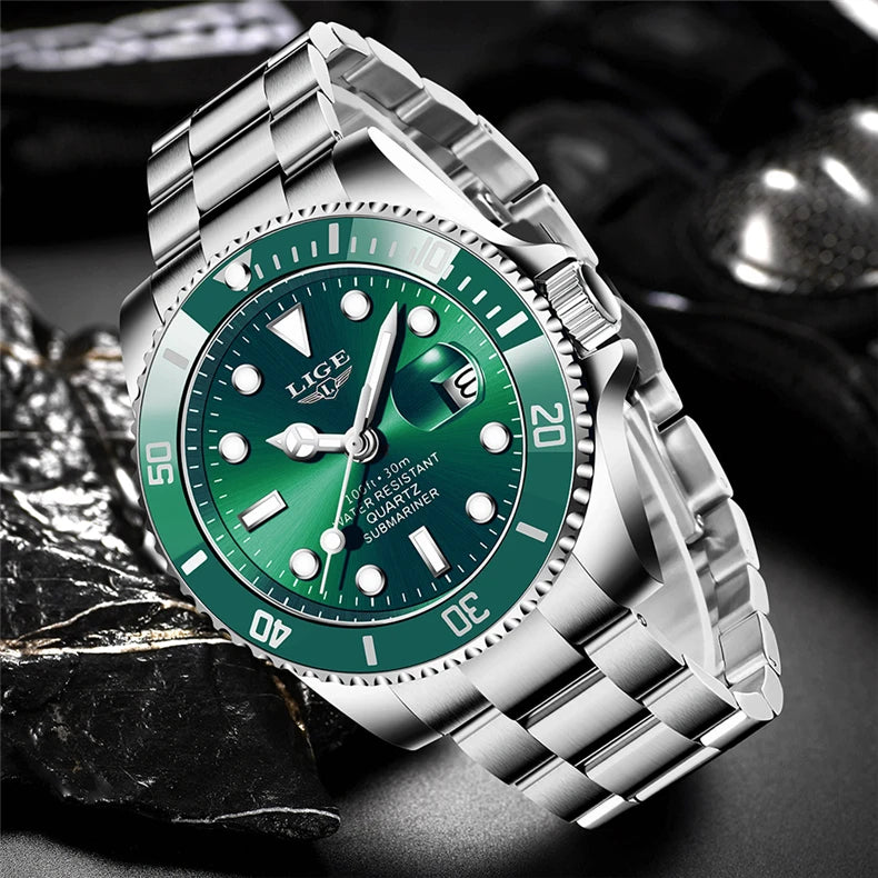 Montre de plongée de luxe pour homme, marque LIGE, étanche 3ATM, avec affichage de la date, montre à quartz sportive