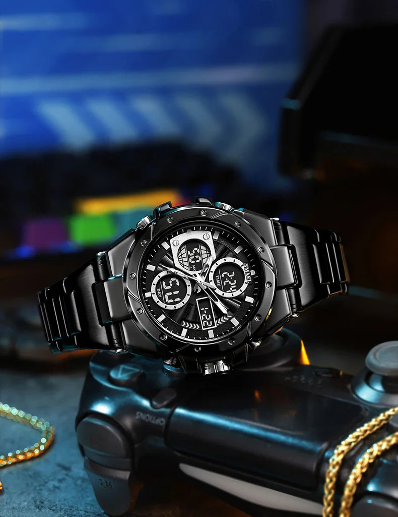 SMAEL 8160 Men’s Watch – Military-style sports model, analogue and digital, stainless steel – Water-resistant, with LED display, alarm, chronograph and stopwatch
