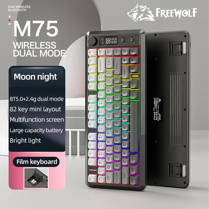 FREE WOLF M75 82-Key Compact Wireless Gaming Keyboard - Dual Mode (Bluetooth/2.4G) RGB Backlit OLED Display Large Battery