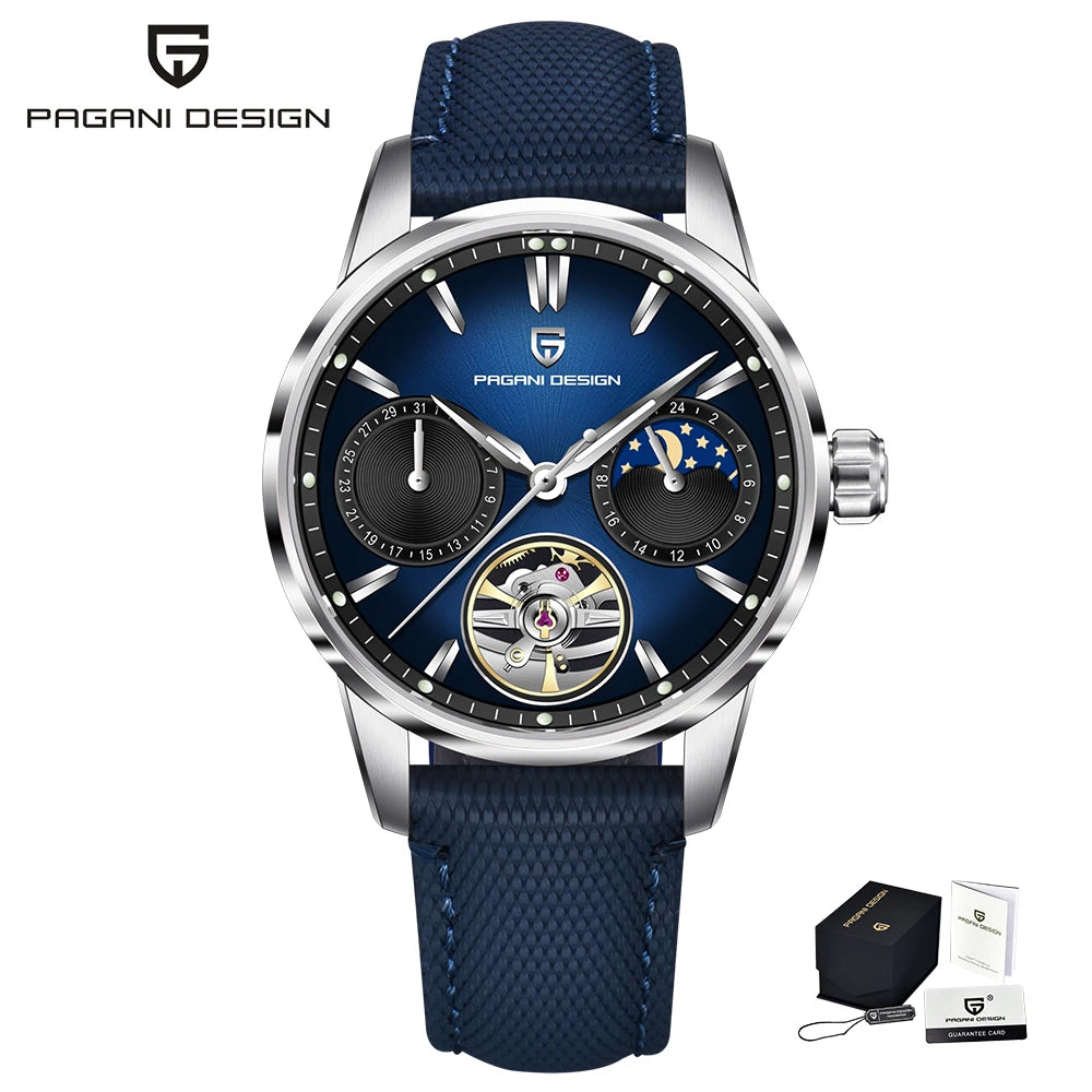 PAGANI DESIGN Newest 41MM Luxury Men's Mechanical Watch Sapphire Glass Leather Waterproof Pilot Tourbillon Moon Reroj Hombre