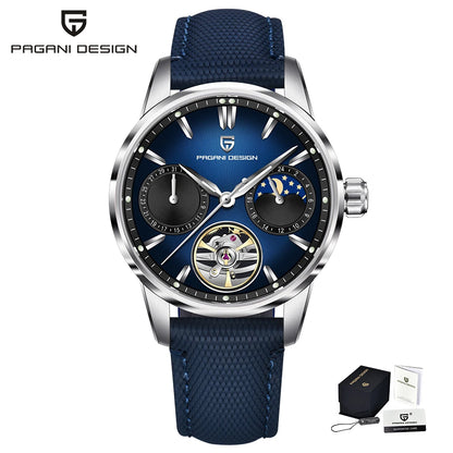 PAGANI DESIGN Newest 41MM Luxury Men's Mechanical Watch Sapphire Glass Leather Waterproof Pilot Tourbillon Moon Reroj Hombre