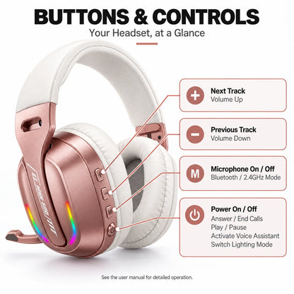 Casque de jeu, casque supra-auriculaire Bluetooth et filaire avec éclairage RGB, microphone, coussinets d’oreille souples pour jeux sur PC et mobile, couleur or rose.