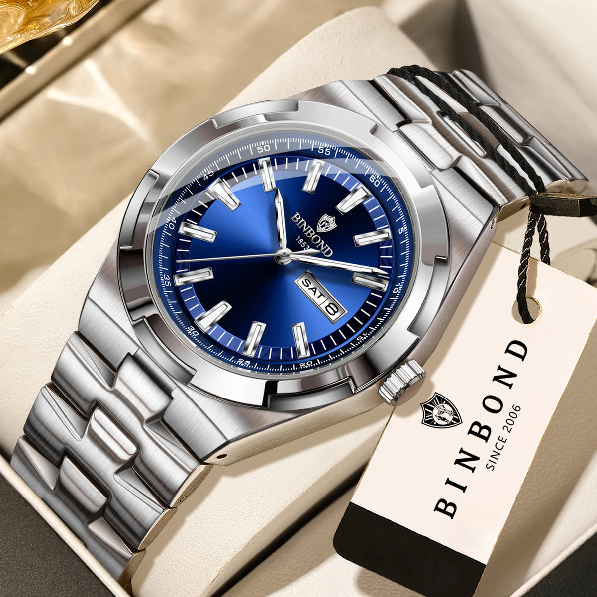 Montres à quartz BINBOND en acier inoxydable pour hommes – Montre de luxe, étanche et luminescente – Modèle original pour homme