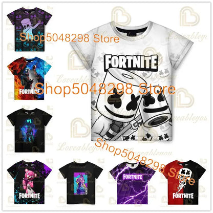 Camiseta infantil de verano Cartoon Fortnite con estampado 3D, para niños y niñas, streetwear para adultos y niños, camiseta divertida de cuello redondo