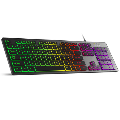 Tastiera da gaming per computer retroilluminata RGB silenziosa, tastiera cablata USB per ufficio e casa, russo, francese, spagnolo, tedesco, arabo, inglese
