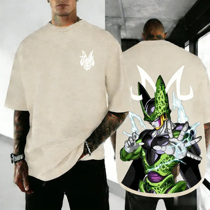 Dragon Ball Cell Anime-inspirerad kortärmad T-shirt i retrostil, lös passform, streetstyle, sommar, herr, Y2K-top, familj, förälder-barn