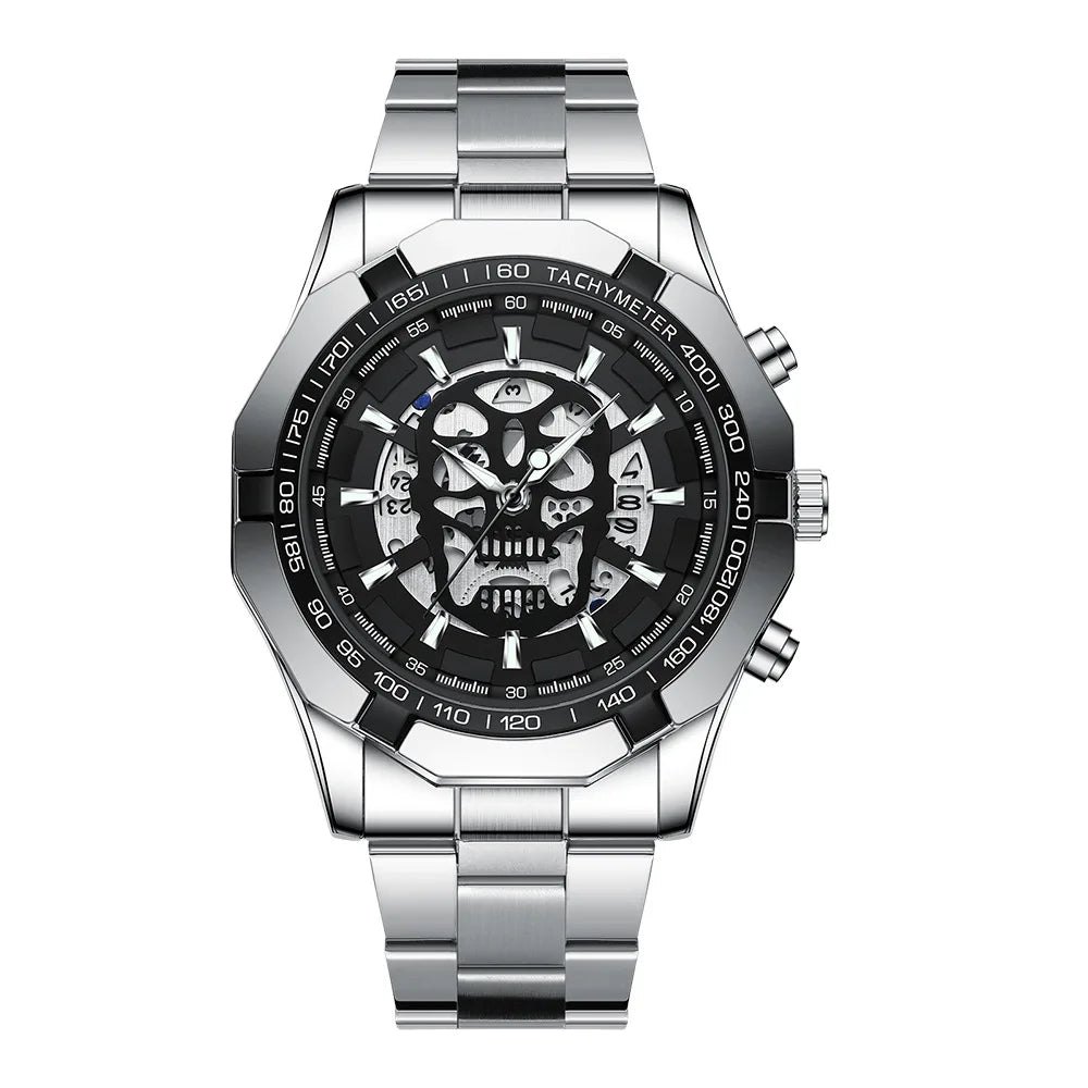 BINBOND-polshorloge voor heren, met skelet-schedelmotief, nauwkeurig quartz-uurwerk, luxueus, verlicht, waterdicht, met automatische datumweergave, robuust.