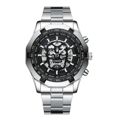 BINBOND-polshorloge voor heren, met skelet-schedelmotief, nauwkeurig quartz-uurwerk, luxueus, verlicht, waterdicht, met automatische datumweergave, robuust.
