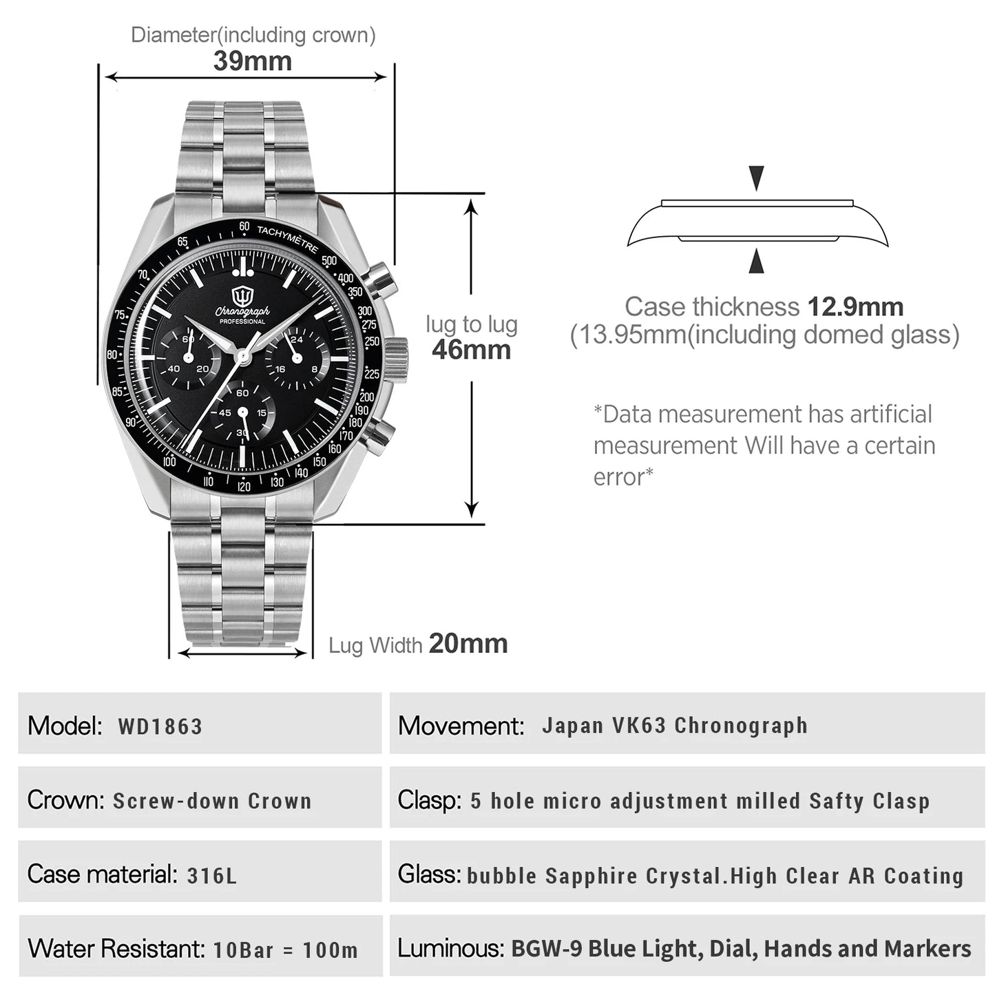 Watchdives New Wd1863 Quartz Men Watch VK63 Chronograph Bubble Sapphire Waterproof 39Mm Steel Top Brand Luxury Business Watch
