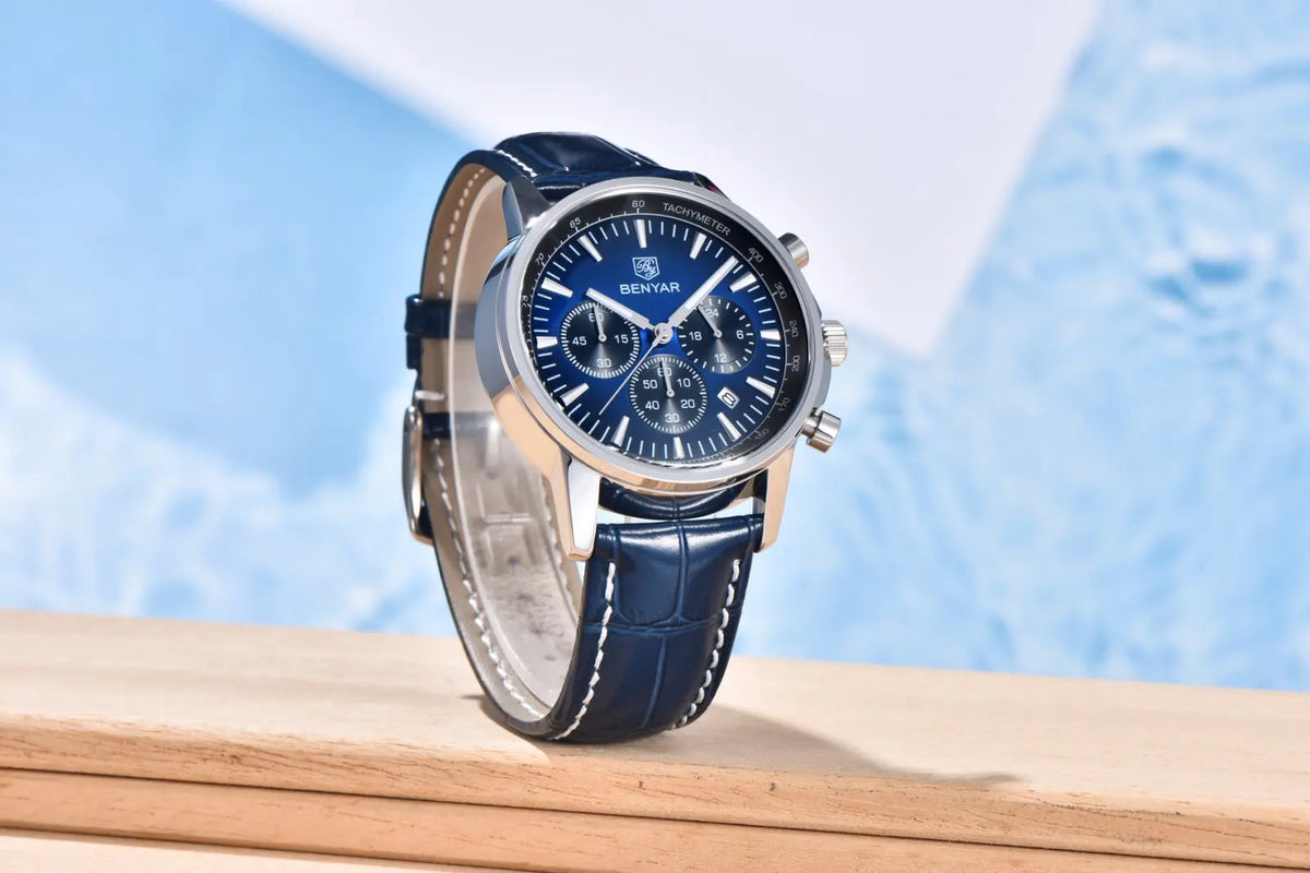 Montre de luxe pour homme Benyar – Chronographe avec date, bracelet en cuir, étanche, luminescente, style sportif et militaire, montre à quartz