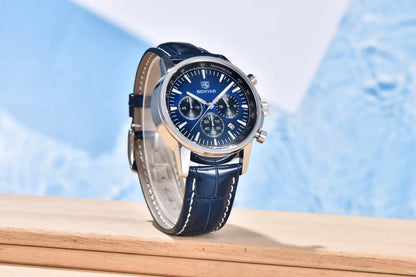 Montre de luxe pour homme Benyar – Chronographe avec date, bracelet en cuir, étanche, luminescente, style sportif et militaire, montre à quartz