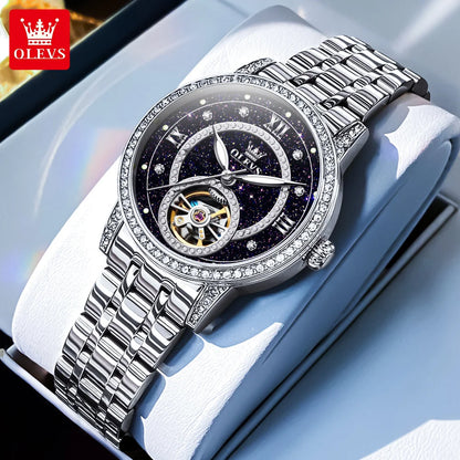 OLEVS Women's Watches Starry Sky Design Automatic Watch for Women Stainless Steel Flywheel Hollowed Ladies Mechanical Watch 7036