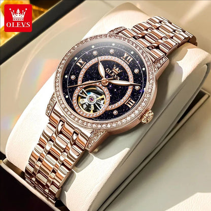 OLEVS Women's Watches Starry Sky Design Automatic Watch for Women Stainless Steel Flywheel Hollowed Ladies Mechanical Watch 7036