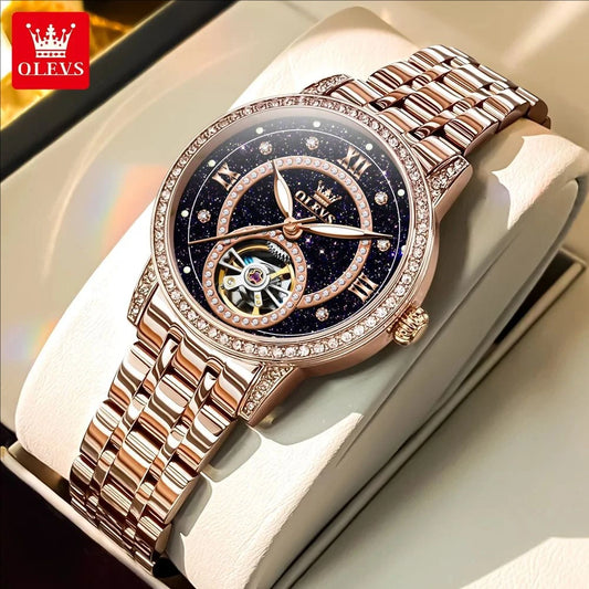 OLEVS Women's Watches Starry Sky Design Automatic Watch for Women Stainless Steel Flywheel Hollowed Ladies Mechanical Watch 7036