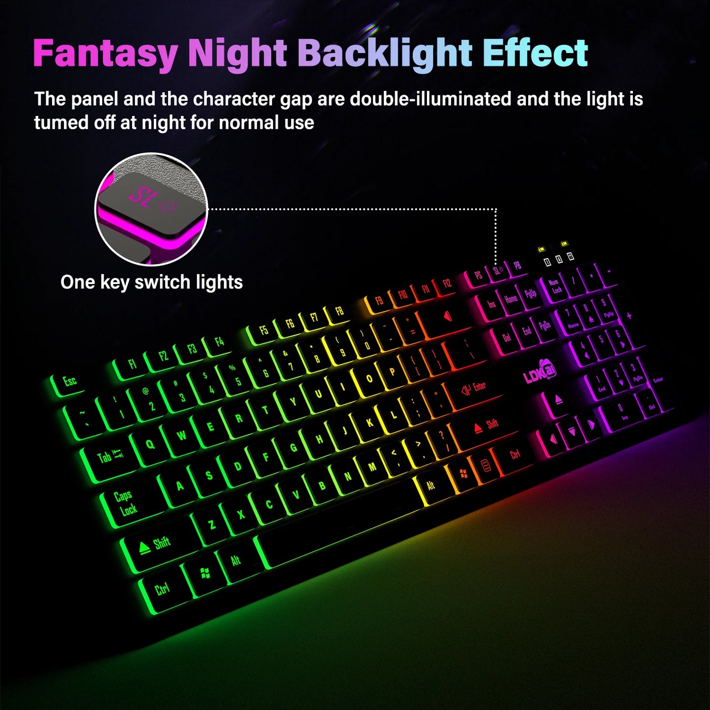 Tastiera da gaming per computer retroilluminata RGB silenziosa, tastiera cablata USB per ufficio e casa, russo, francese, spagnolo, tedesco, arabo, inglese