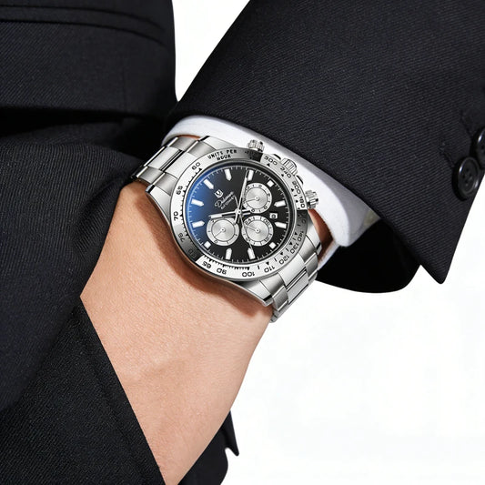 Montre mécanique automatique pour homme, style « business casual », couleur argent, étanche 3 ATM, multifonction.