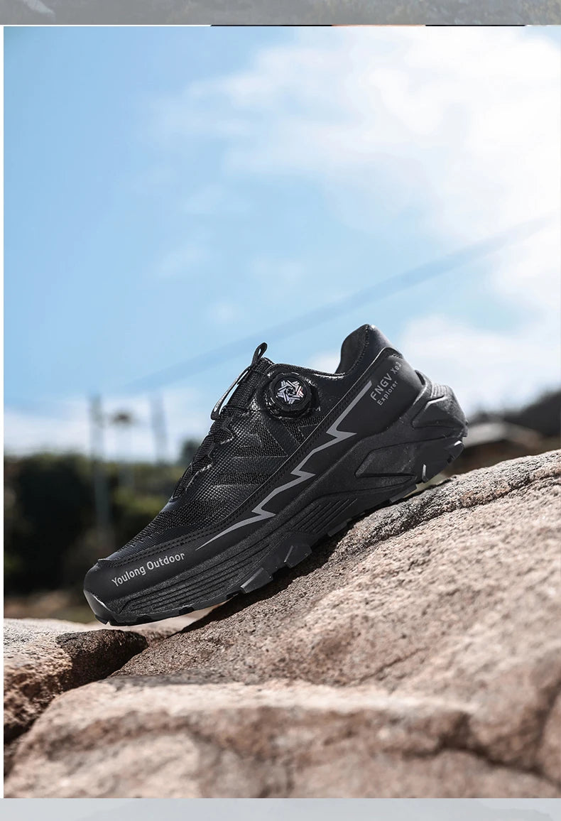 Outdoor Hiking Shoes for Men, Lightweight Trekking Shoes, Breathable Mesh Sneakers, Casual Walking Shoes, Rotating Buckle Design, Non-Slip and Wear-Resistant Trail Shoes, Suitable for Hiking and Camping, 2026 New Running Shoe