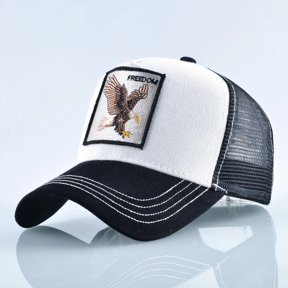Modische Trucker-Caps mit besticktem Ziegen-Patch, Vier-Jahreszeiten-Snapback-Baseballcap für Herren und Damen, verstellbare Schirmmütze