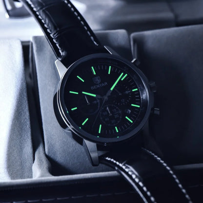 Montre de luxe pour homme Benyar – Chronographe avec date, bracelet en cuir, étanche, luminescente, style sportif et militaire, montre à quartz