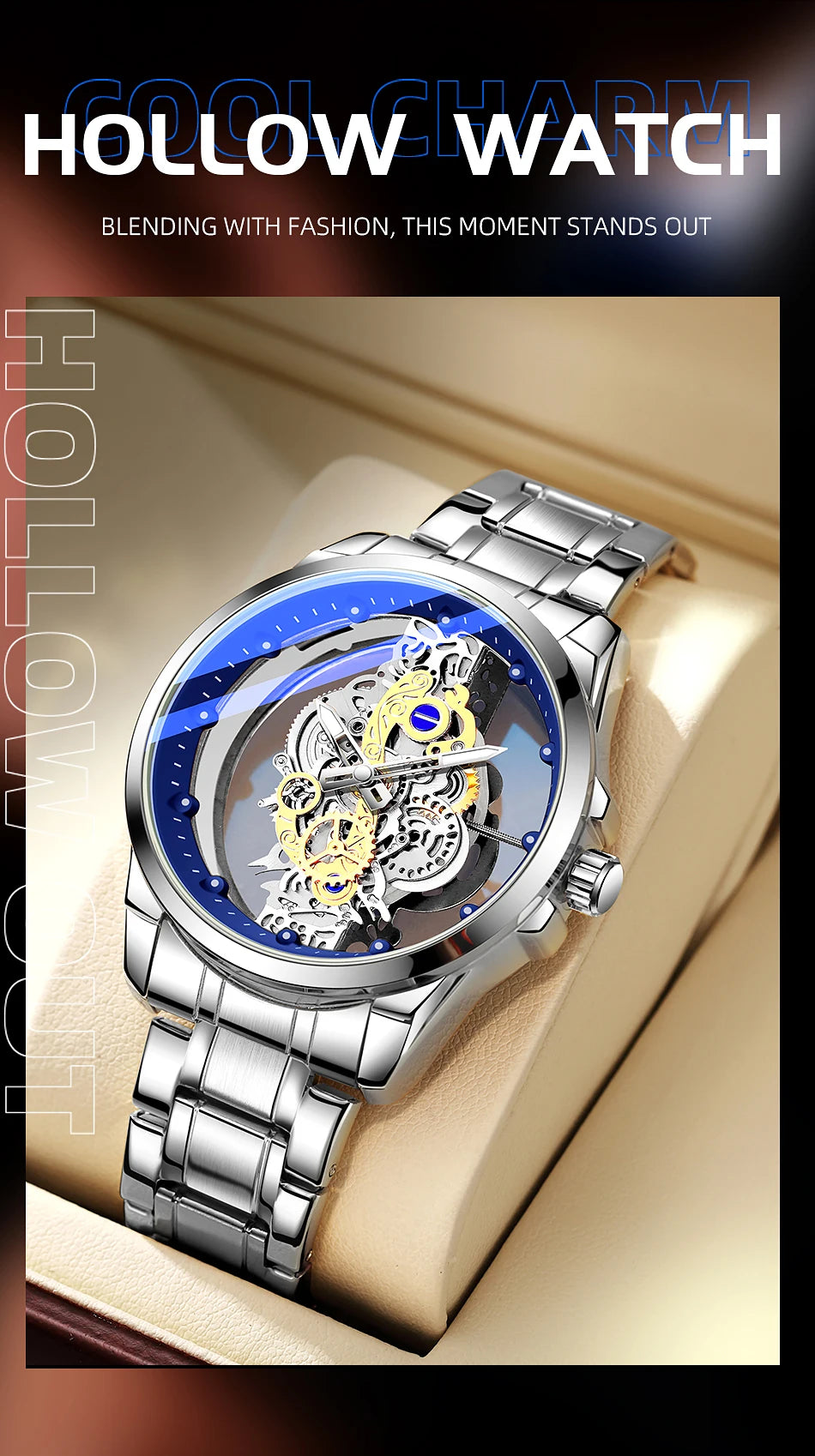 TPW Hot Trendy Fashion Wholesale Men Golden Black Blue Skeleton NOT Automatic Watch Quartz Wrist Watches Luxury 2024