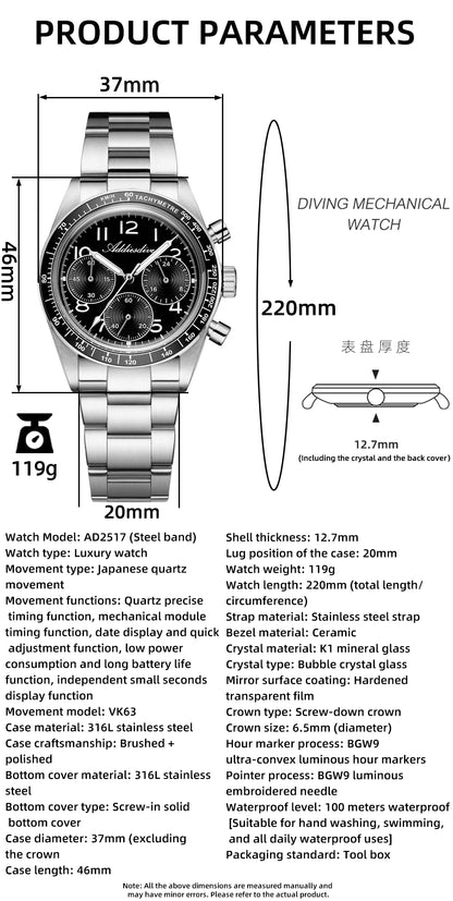 ADDIESDVIE Men Watch Reloj Hombre 10Bar Waterproof AD2517 BGW9 Super Luminous 316L Stainless Steel VK63 Chronograph Quartz Watch