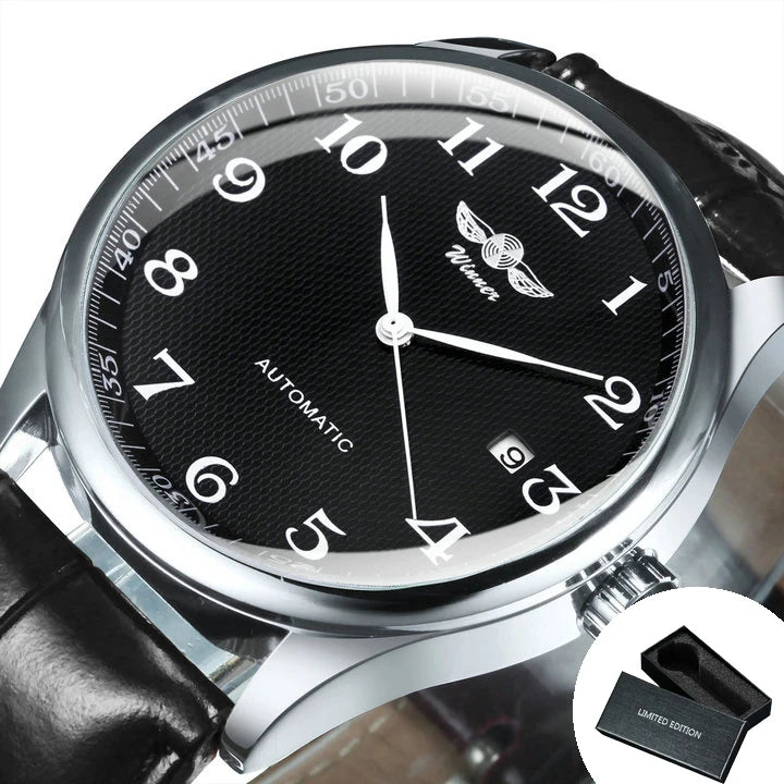 Montre pour homme WINNER – Style classique, rétro et élégant – Montre mécanique automatique avec calendrier – Marque de luxe, boîtier en acier et bracelet en cuir