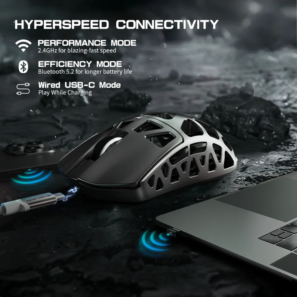ATTACK SHARK R3 геймърска мишка от магнезиева сплав 8K SUPERLIGHT 8000Hz 6 регулируеми DPI до 26000 PAW3395 BT/2.4G безжична/жична