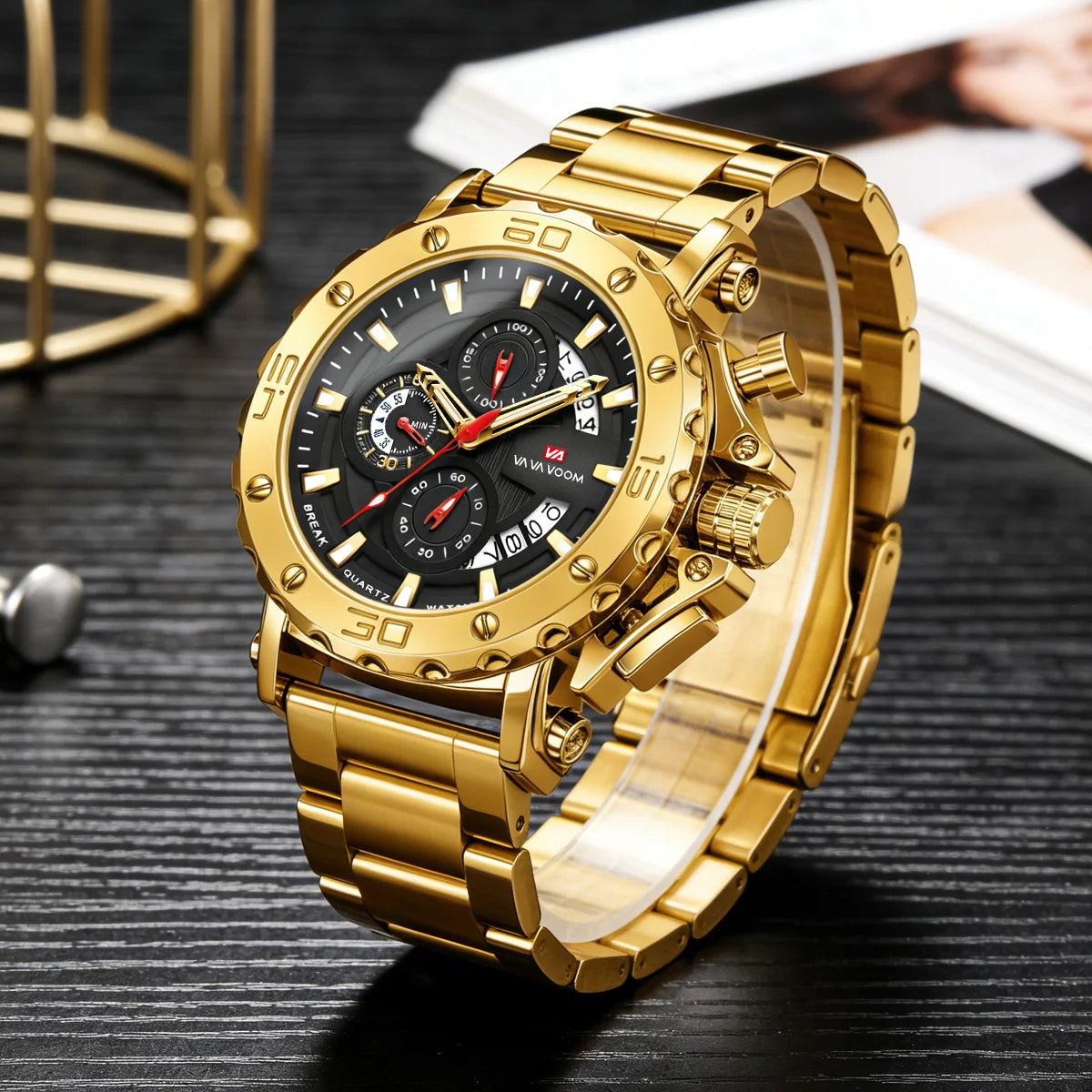 Montre chronographe VA VA VOOM pour homme, calendrier, lumineuse, étanche, montre de luxe en acier inoxydable à quartz.
