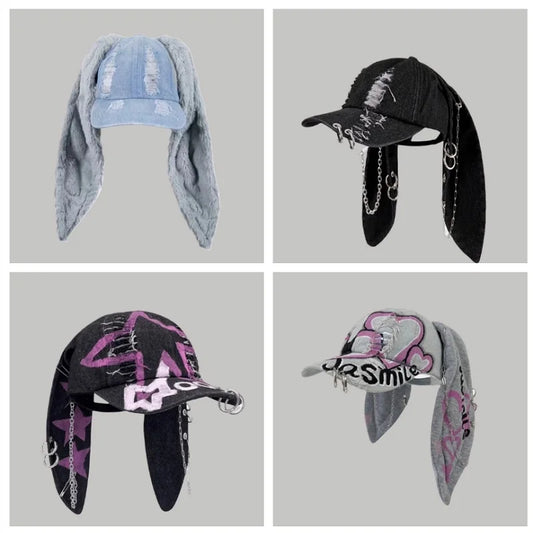 Celebrity-Inspired Niche Rabbit Ear Denim Ripped Baseball Cap Washed Graffiti Hip-Hop Sun Hat Trendy Cap