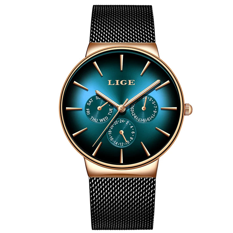 Montre pour femme LIGE, élégante et tendance – Style sport-décontracté, bracelet en maille, mouvement à quartz, affichage de la date et du jour, étanche.