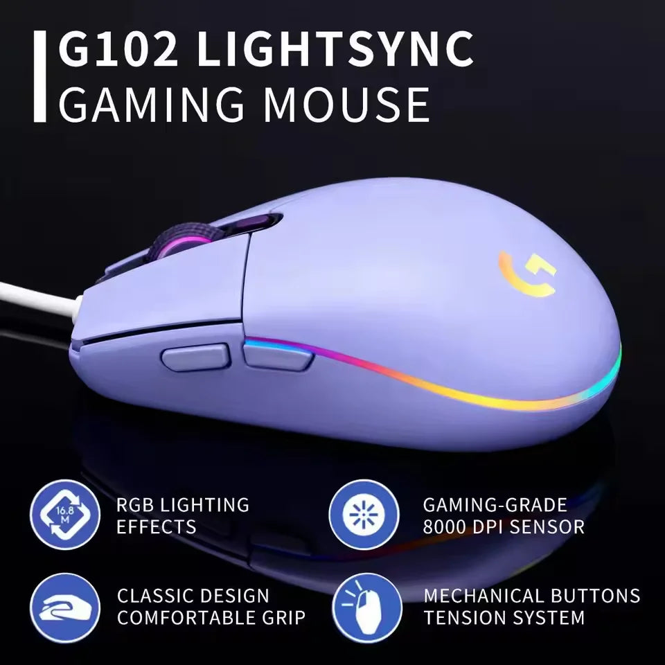Logitech G102 Wired Gaming Mouse RGB Backlight 8000DPI Optical Sensor 6 Programmable Buttons for PC Laptop Gamers