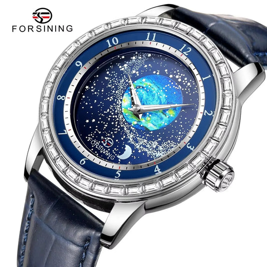 FORSINING Luxury Mens Automatic Mechanical Watch,Earth Star Moon Starry Milky Way Rhinestone Dial Leather Strap,3ATM Waterproof