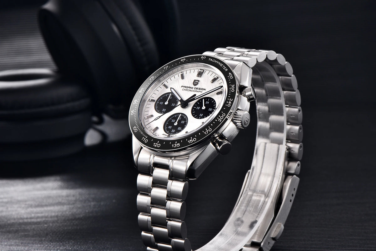 Montre pour homme PAGANI DESIGN « New Moon » – Montre à quartz de luxe, chronographe, verre saphir avec traitement antireflet, lunette en céramique, aiguilles luminescentes