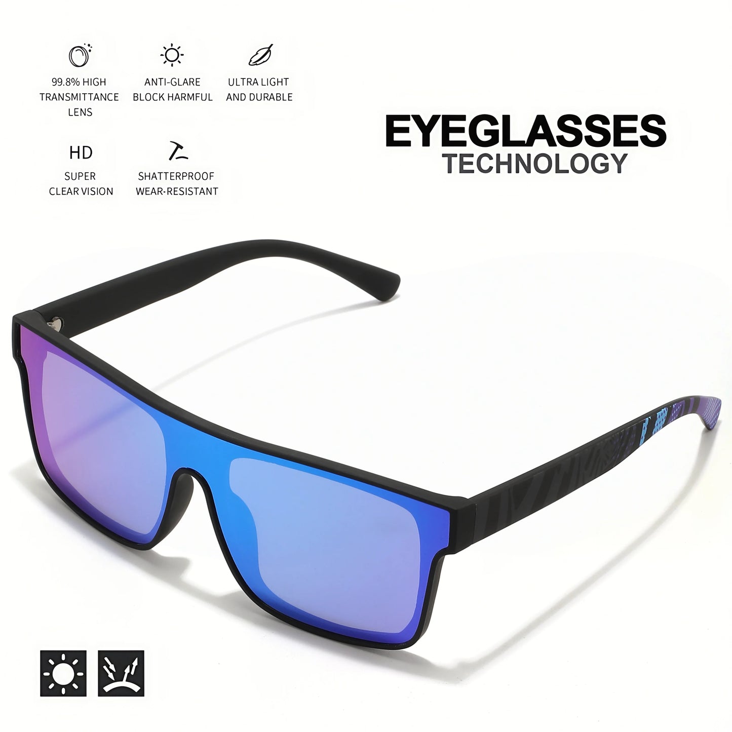 Classic Square Fashion Sports Sunglasses - Patterned Temples, Unisex for Cycling, Hiking, Travel - Perfect Gift