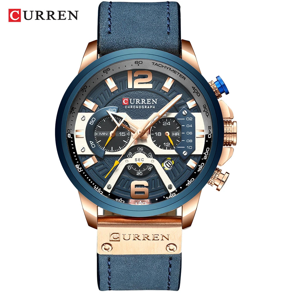 Montre pour homme CURREN 8329 – Style sport décontracté, design militaire, bracelet en cuir, chronographe tendance, montre de luxe de grande marque