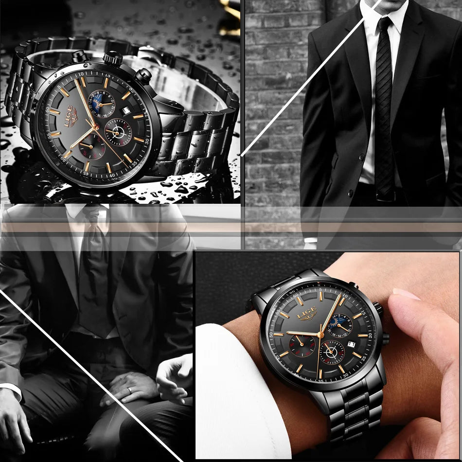 Montre pour homme LIGE – Chronographe à quartz de luxe, étanche (3 bars), avec aiguilles luminescentes – Idée cadeau (boîte incluse)